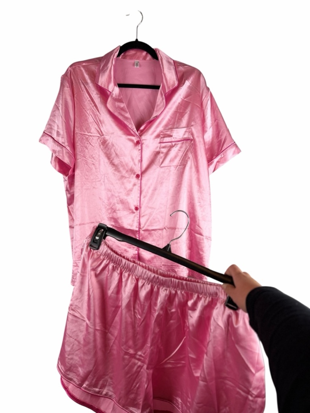 EKOUAER Pink Satin Pajama Set Button Down Top Shorts Plus Size 3XL